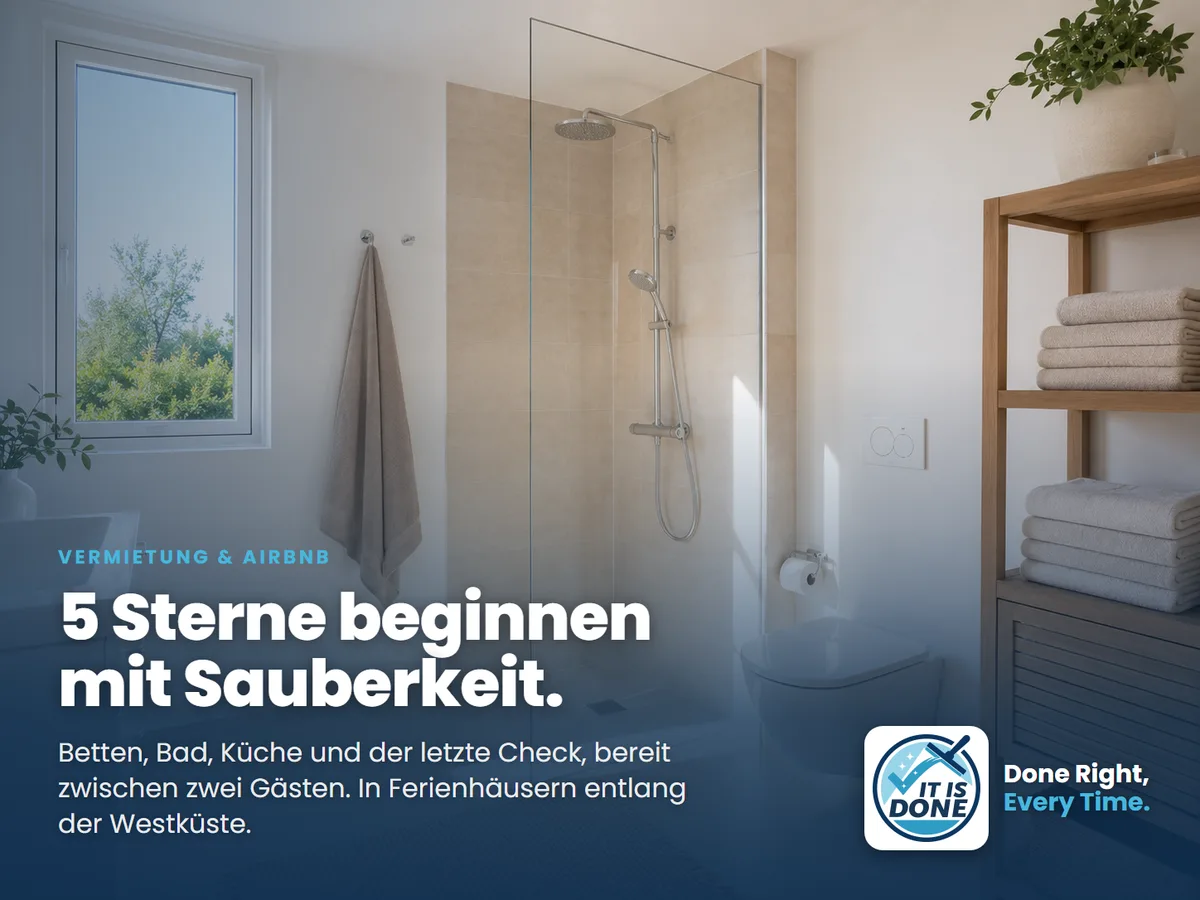 Sauberes Bad in einer Mietunterkunft mit gefalteten Handtuechern, bereit fuer den naechsten Gast