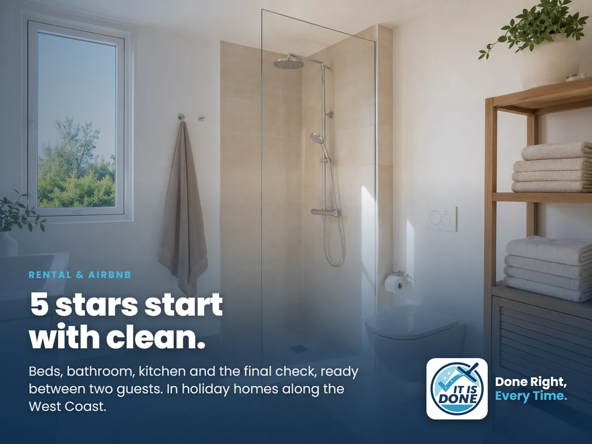 Clean bathroom in a rental property with folded towels, ready for the next guest