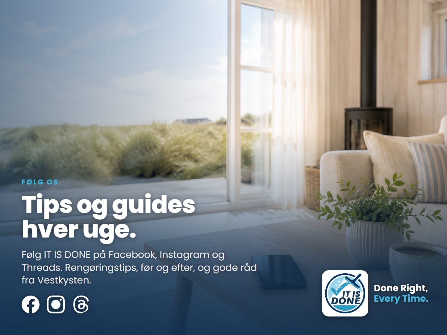 Følg os: ugentlige rengøringstips og guides på Facebook og Instagram