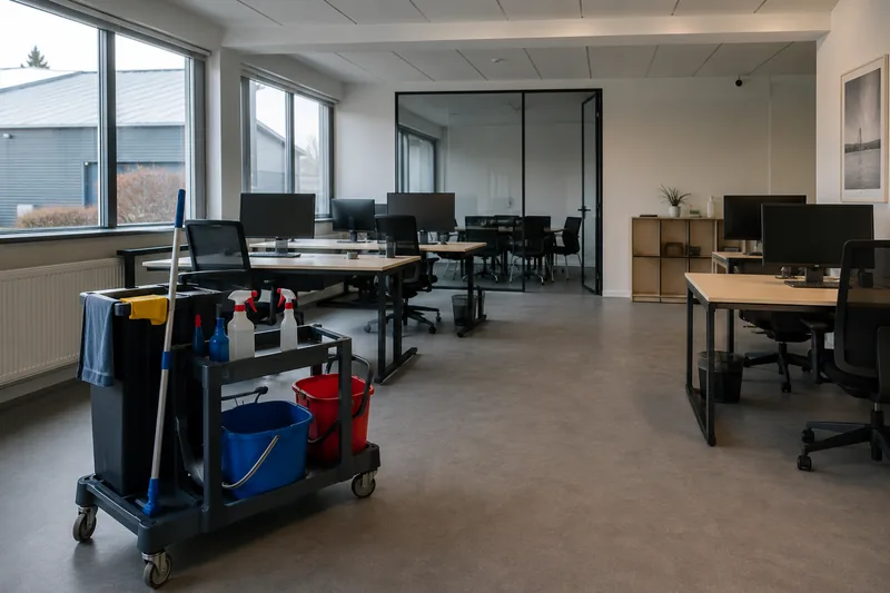 Rengjort kontor hos erhvervskunde i Vestjylland