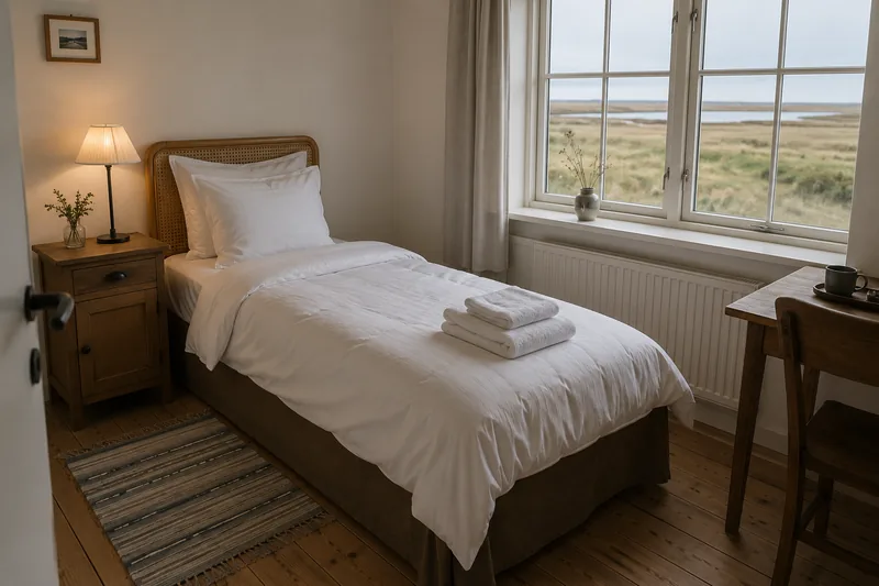 Gästefertiges Zimmer mit gemachtem Bett und gefalteten Handtüchern nach dem Wechsel