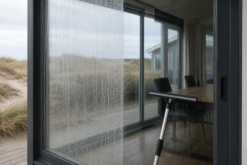 Terrace door at a west coast holiday house, half cleaned and half covered in salt and sand